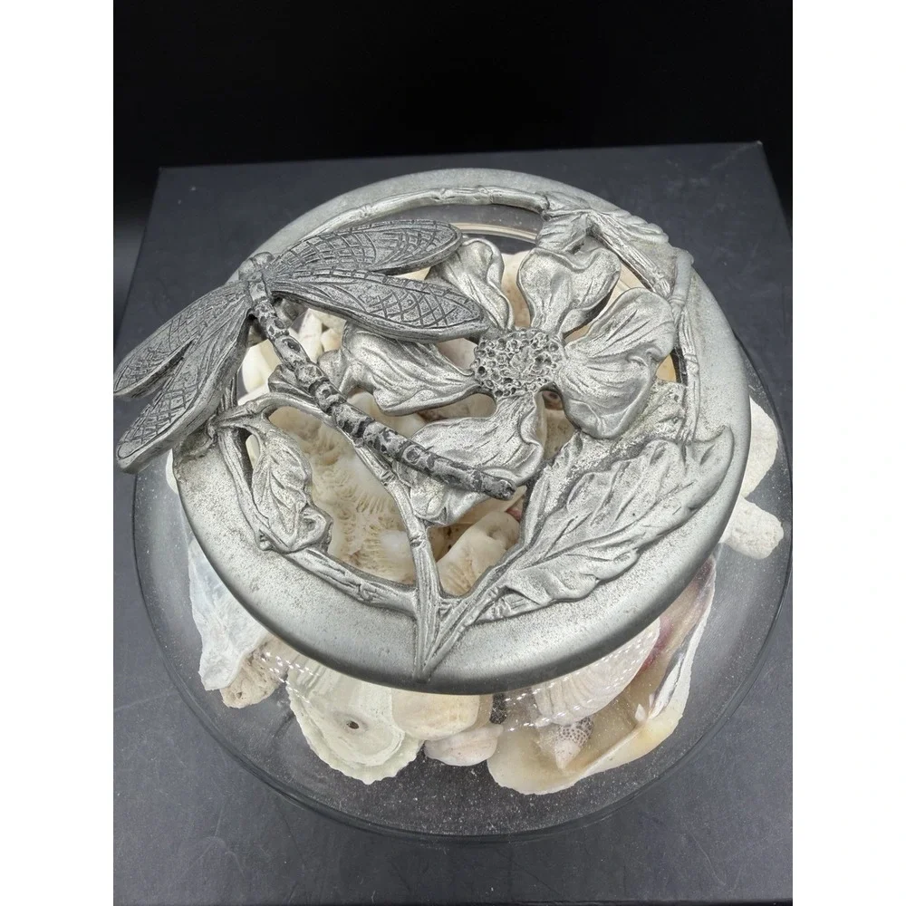 🐉✨ Glass Trinket / Potpourri Dish w/ Pewter Dragonfly Lid – Nature Décor ✨🐉